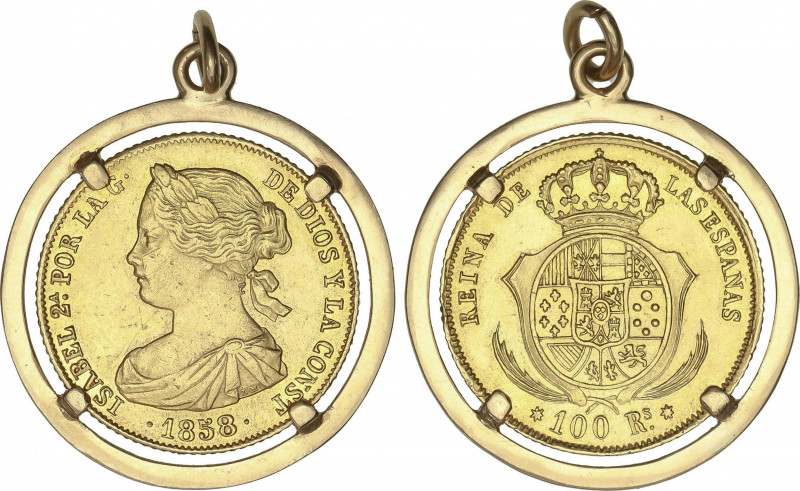 Elisabeth II
100 Reales. 1858. BARCELONA. ESCASA. 10,97 grs
 En aro con anilla...