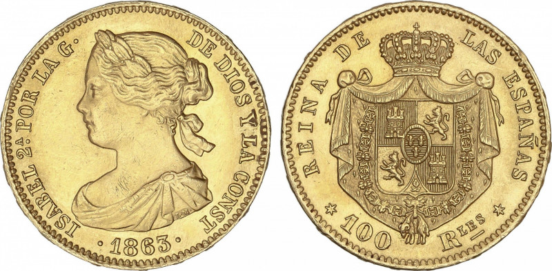 Elisabeth II
100 Reales. 1863. MADRID. 8,37 grs. (Golpecitos en gràfila). Brill...