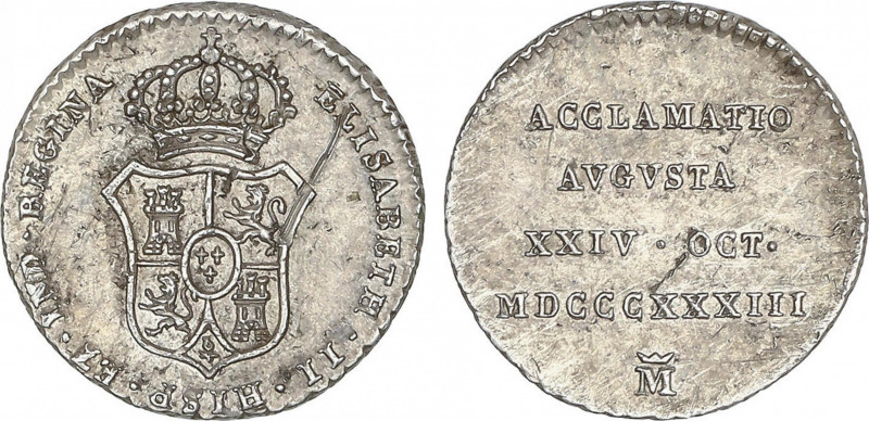 Elisabeth II
Medalla Proclamación. 1833. MADRID. 1,48 grs. AR. Ø 14 mm. Módulo ...