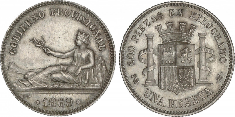 1 Peseta. 1869. S.N.-M. Leyenda GOBIERNO PROVISIONAL. Ligera pátina. EBC.