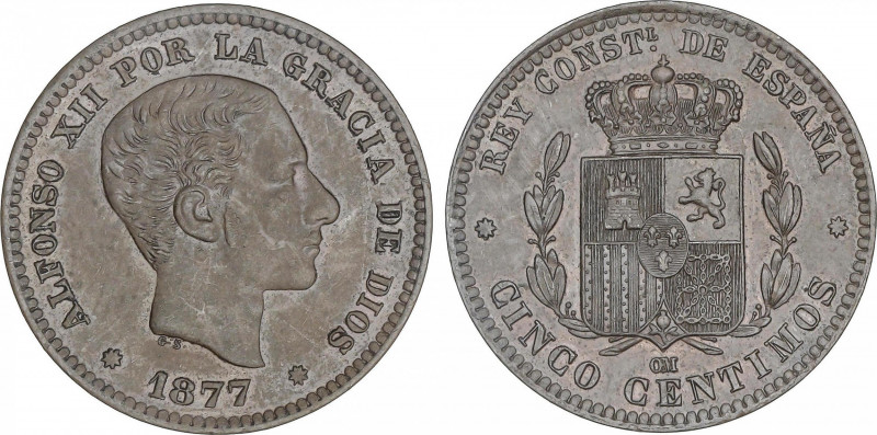 5 Céntimos. 1877. BARCELONA. O.M. EBC.