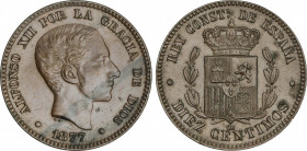 10 Céntimos. 1877. BARCELONA. O.M. (Manchas en anverso). SC-.
