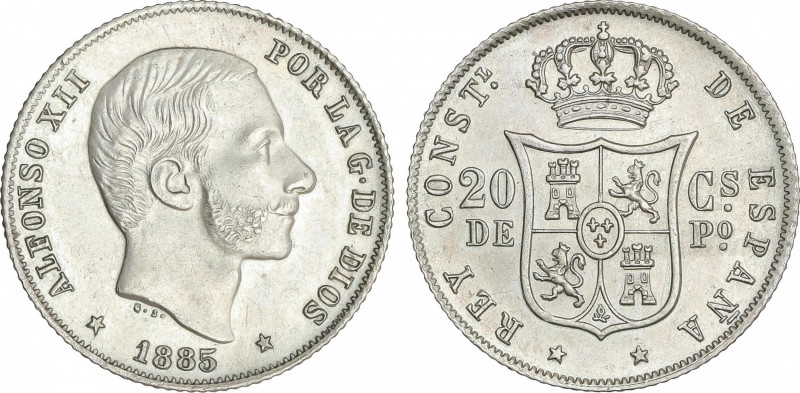 20 Centavos de Peso. 1885. MANILA. Brillo original. SC.