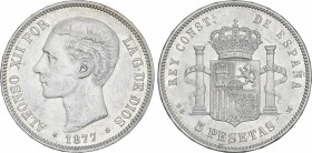 5 Pesetas. 1877 (*18-77). D.E.-M. (Rayitas). EBC-/EBC.