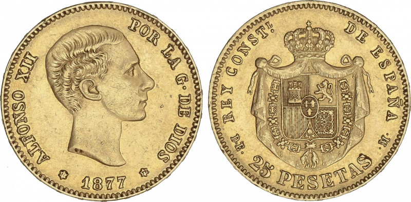 25 Pesetas. 1877 (*18-77). D.E.-M. (Pequeños golpecitos). EBC-.