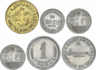 Serie 5 monedas 25, 50 Cèntims (2) y 1 Pesseta (2). Aj. de L´ AMETLLA DEL VALLÈS. ESCASA. Al (4) y latón. Serie completa. Las de 50 Cèntims y 1 Pesset...