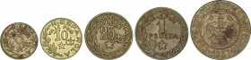Serie 5 monedas 5 Céntimos a 2,50 Pesetas. 1937. C.M. MENORCA. Latón. (Algunas con manchitas). AC-20/24; HG-203/207; Vti-L6/10. EBC- a EBC.