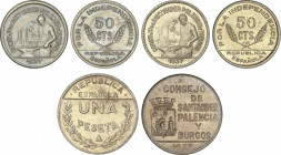 Serie 3 monedas 50 Céntimos (2) y 1 Peseta. 1937. CONSEJO DE SANTANDER, PALENCIA y BURGOS. Cuni. Las de 50 Céntimos con y sin PJR. HG-200/202. EBC a S...