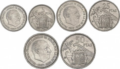 Serie 3 monedas 5, 25 y 50 Pesetas. 1957 (*BA). I Exposición Iberoamericana de Numismática y Medallística Barcelona. SC- a SC.