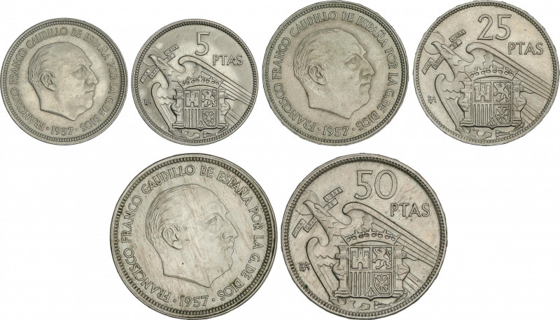 Serie 3 monedas 5, 25 y 50 Pesetas. 1957 (*BA). I Exposición Iberoamericana de N...