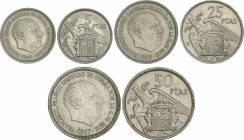 Serie 3 monedas 5, 25 y 50 Pesetas. 1957 (*BA). I Exposición Iberoamericana de Numismática y Medallística. Barcelona. EBC+ a SC.