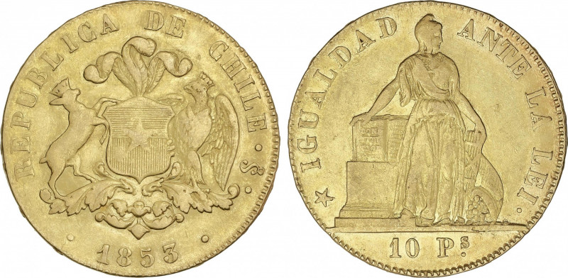 Chile
10 Pesos. 1853. SANTIAGO. 15,17 grs. AU. Fr-45; KM-123. MBC+.