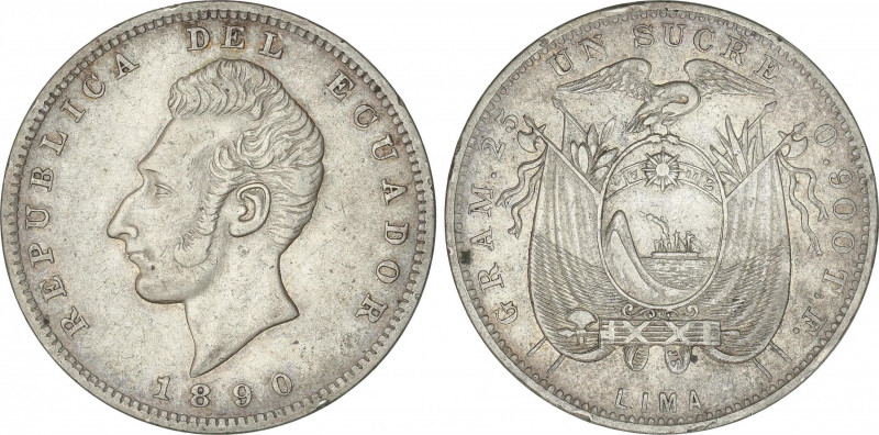 Ecuador
1 Sucre. 1890. LIMA. T.F. 24,76 grs. AR. (Golpecitos en canto). KM-53.3...