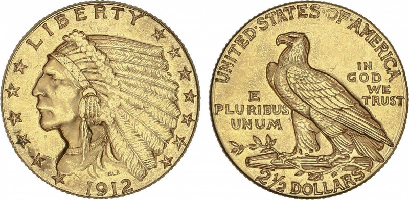 United States of America
2 1/2 Dollars. 1912. 4,18 grs. AU. Tipo Indio. Fr-120;...