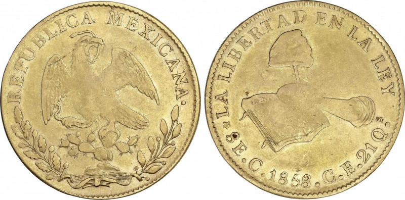 Mexico
8 Escudos. 1858. CULIACAN. C.E. 26,88 grs. AU. Leves restos de brillo or...