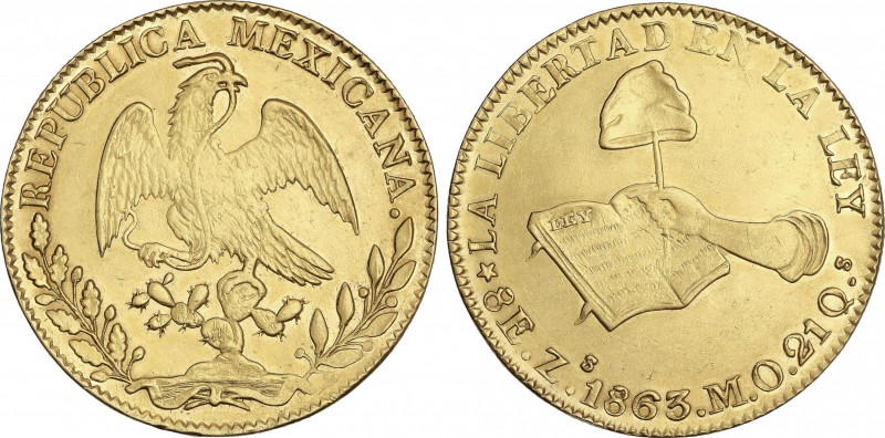 Mexico
8 Escudos. 1863. ZACATECAS. M.O. 26,97 grs. AU. (Leves rayitas de limpie...