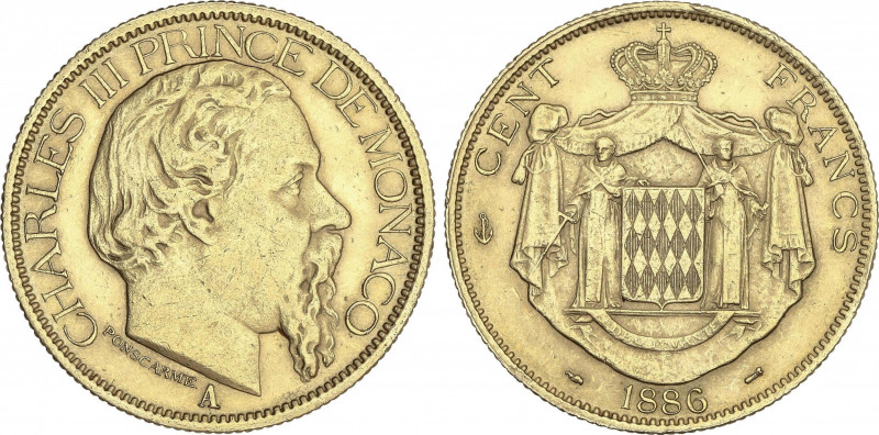 Monaco
100 Francs. 1886-A. CHARLES III. PARÍS. 32,26 grs. AU. (Leves golpecitos...