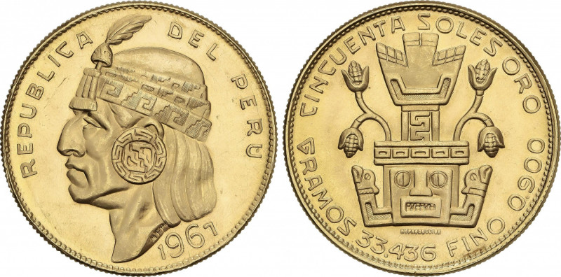 Peru
50 Soles. 1967. 33,39 grs. AU. Guerrero Inca. ´Reproducción´ debajo de la ...