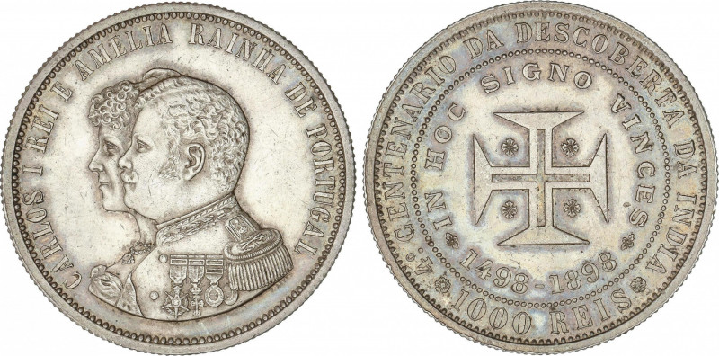 Portugal
1.000 Reis. 1898. CARLOS I y AMELIA. 24,94 grs. AR. 400 aniversario De...