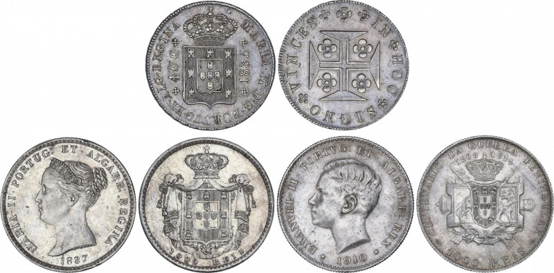 Portugal
Lote 3 monedas 400 y 1.000 Reis (2). 1835, 1837 y 1910. MARIA II (2) y...