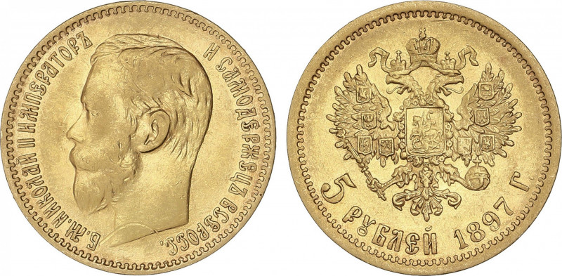 Russia
5 Roubles. 1897-AG. NICHOLAS II. 4,26 grs. AU. (Rayitas en anverso a las...