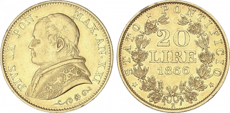 Vatican
20 Lire. 1866-R. PIO IX. ROMA. 6,4 grs. AU. Año XXI. (Leves golpecitos ...