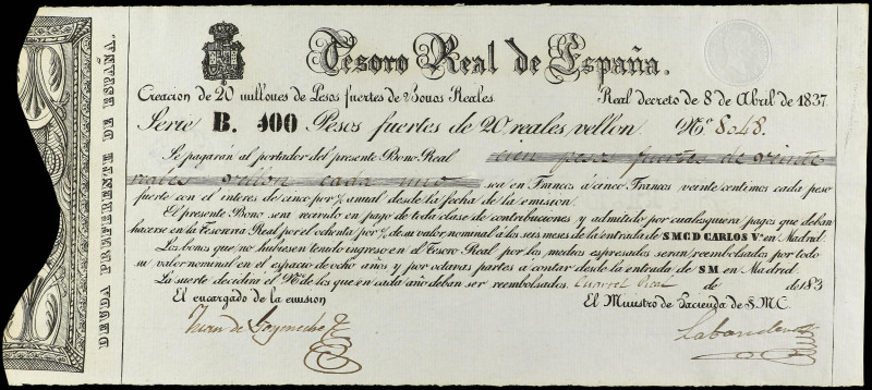 Spanish Banknotes
100 Pesos Fuertes de 20 Reales de Vellón. 8 Abril 1837. CARLO...