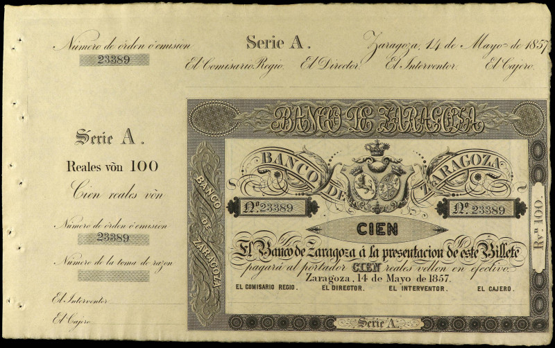 Spanish Banknotes
100 Reales de Vellón. 14 Mayo 1857. BANCO DE ZARAGOZA. Serie ...