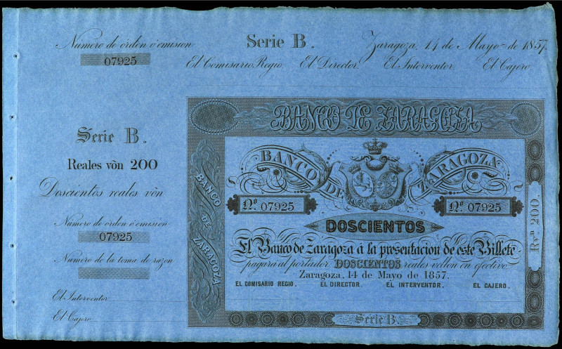 Spanish Banknotes
200 Reales de Vellón. 14 Mayo 1857. BANCO DE ZARAGOZA. Serie ...