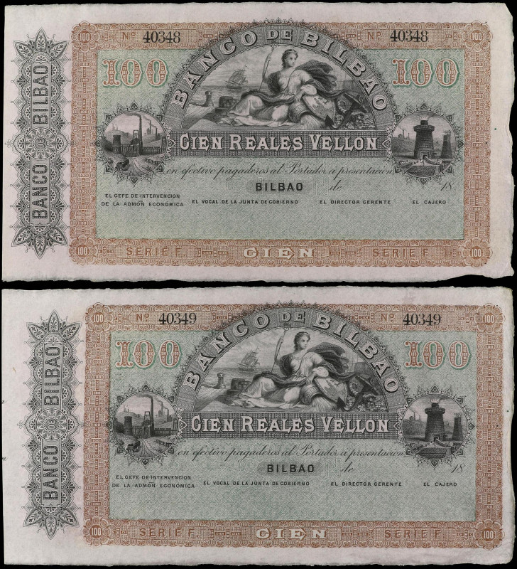 Spanish Banknotes
Lote 2 billetes 100 Reales de Vellón. (21 Agosto 1857). BANCO...