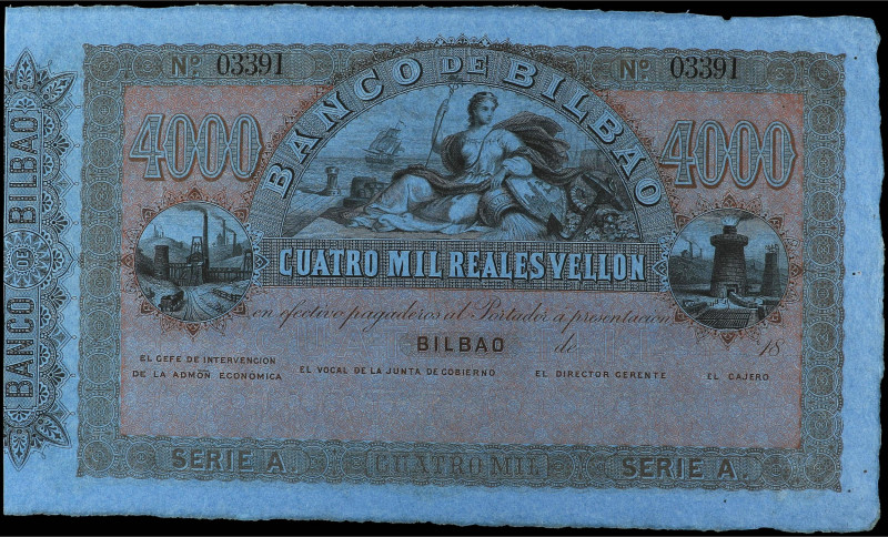 Spanish Banknotes
4.000 Reales de Vellón. (21 Agosto 1857). BANCO DE BILBAO. Si...