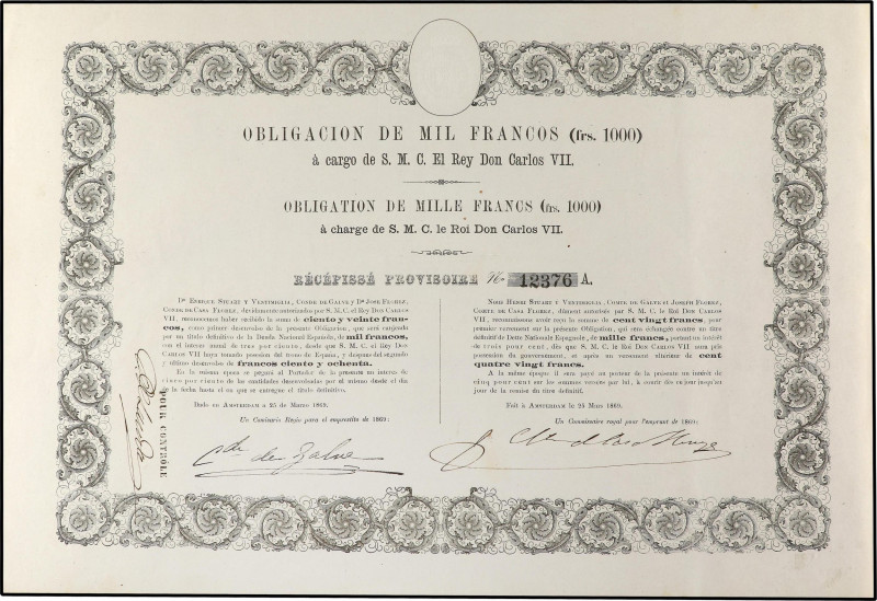 Spanish Banknotes
Obligación 1.000 Francos. 25 Marzo 1869. CARLOS VII PRETENDIE...