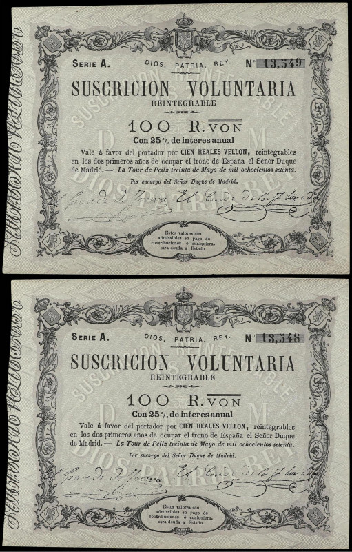 Spanish Banknotes
Lote 2 billetes 100 Reales de Vellón. 30 Mayo 1870. CARLOS VI...