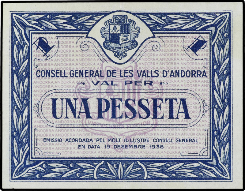 1 Pesseta. 19 Desembre 1936. CONSELL GENERAL DE LES VALLS D´ANDORRA. Emisión azu...