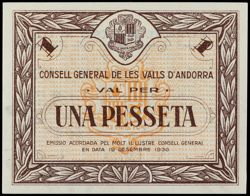 1 Pesseta. 19 Desembre 1936. CONSELL GENERAL DE LES VALLS D´ ANDORRA. Emisión ma...