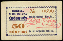 Catalonia
50 Cèntims. C.M. de CADAQUÉS. RARO. Impresión en marrón y azul oscuro. AT-569a. EBC-.