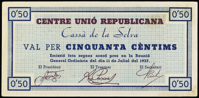 Catalonia
50 Cèntims. 11 Juliol 1937. CENTRE UNIÓ REPUBLICANA. CASSÀ DE LA SELV...