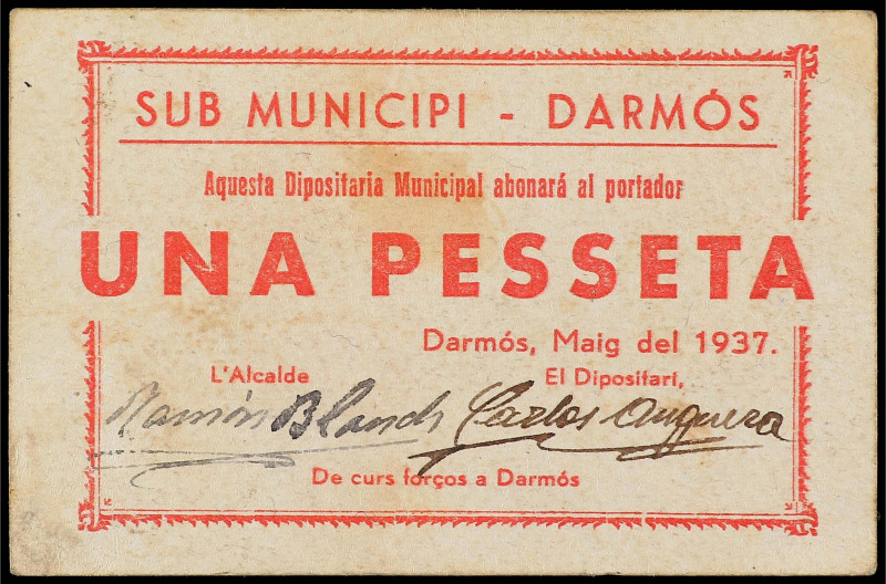 Catalonia
1 Pesseta. Maig 1937. Sub Municipi DARMÓS. Cartón. (Manchitas). AT-90...