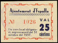 Catalonia
25 Cèntims. 31 octubre 1937. Aj. D´ ESPOLLA. MUY RARO. Cartulina. AT-966. SC.