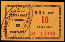 Catalonia
10 Céntims. Octubre 1937. Guerra Civil. FIGUERES. GREMI DE CAFÈS I BARS. MUY ESCASO. Cartulina. L-1860; RGH-7855. SC.