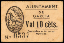 Catalonia
10 Cèntims. Aj. de GARCIA. MUY RARO. Cartón. Al dorso tampón del Ayuntamiento. AT-1090. MBC.