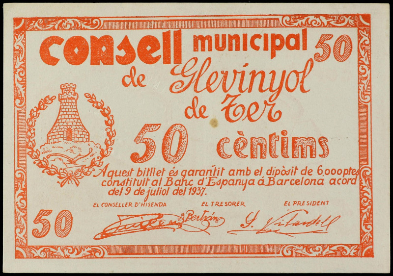 Catalonia
50 Céntims. 9 Juliol 1937. C.M. de GLEVINYOL DE TER. (Leve manchita)....