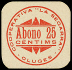 Catalonia
25 Cèntims. COOPERATIVA LA SEGARRA. OLUGES. MUY RARO. Cartón. (Muy leve punto de adhesivo en reverso). T-1957; RGH--9029. (SC).