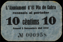 Catalonia
10 Cèntims. 2 Setembre 1937. Aj. d´ EL PLA DE CABRA. RARO. Cartón. AT-1850. EBC.