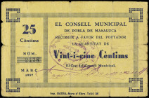 Catalonia
25 Cèntims. Març 1937. C.M. de POBLA DE MASALUCA. MUY RARO. (Roturas). AT-1910d. MBC-.