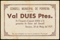Catalonia
2 Pessetes. C.M. de PORRERA. Serie B. Cartón algo sucio. AT-1962b. MBC.
