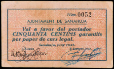 Catalonia
50 Cèntims. Juny 1936. Aj. de SANAÜJA. Cartón. Firmas autógrafas y tampón del Ayuntamiento al dorso. AT-2273. MBC+.