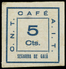 Catalonia
5 Cèntims. Guerra civil. CAFÉ C.N.T. - A.I.T. SEGARRA DE GAIÁ. Cartón. Sello en reverso. L-No Cat; RGH-No Cat. EBC.