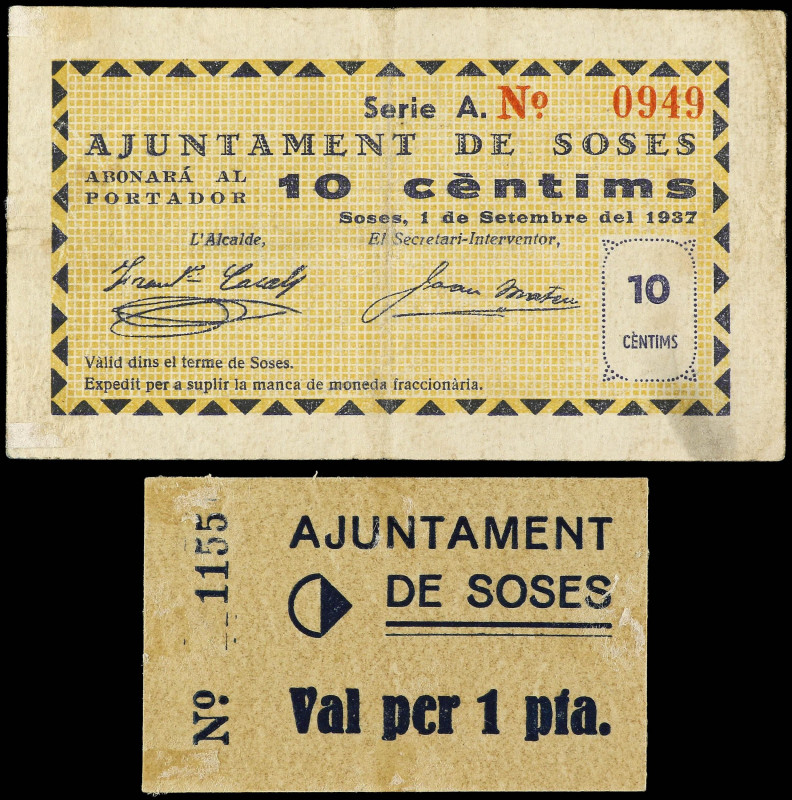 Catalonia
Lote 2 billetes 10 Cèntims y 1 Pesseta. S/F y 1 Setembre 1937. Aj. de...