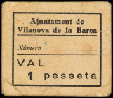 Catalonia
1 Peseta. Aj. de VILANOVA DE LA BARCA. Cartón. Al dorso tampón del Ayuntamiento. AT-2829. MBC.